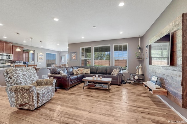 living room with light wood-type flooring, a textured ceiling, and a healthy amount of sunlight