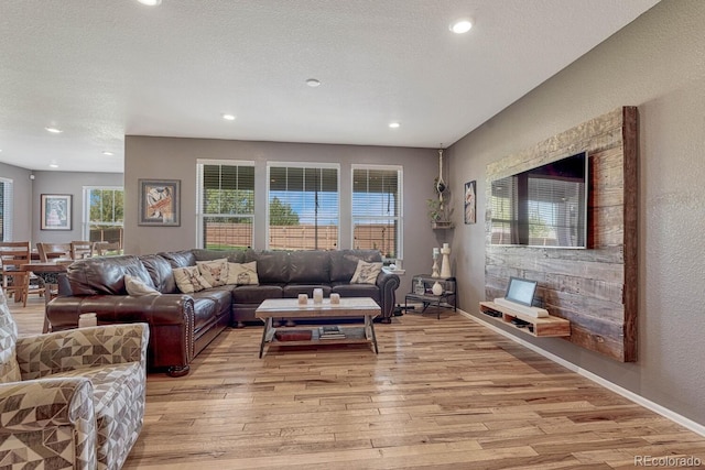 living room featuring light hardwood / wood-style flooring and a textured ceiling