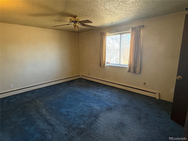 carpeted empty room with ceiling fan, a baseboard heating unit, and a textured ceiling