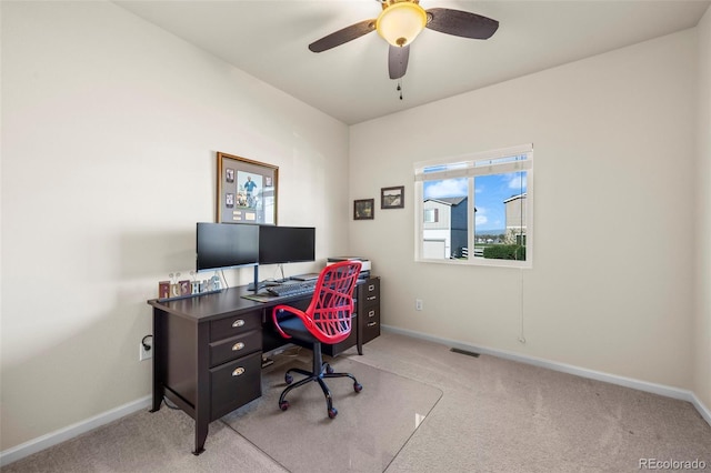 1868 Homestead Dr, Fort Lupton, CO 80621 - office area featuring light colored carpet, baseboards, and ceiling fan