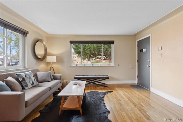 living area with baseboards and wood finished floors