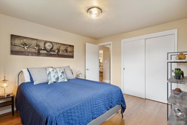 bedroom featuring wood finished floors and a closet