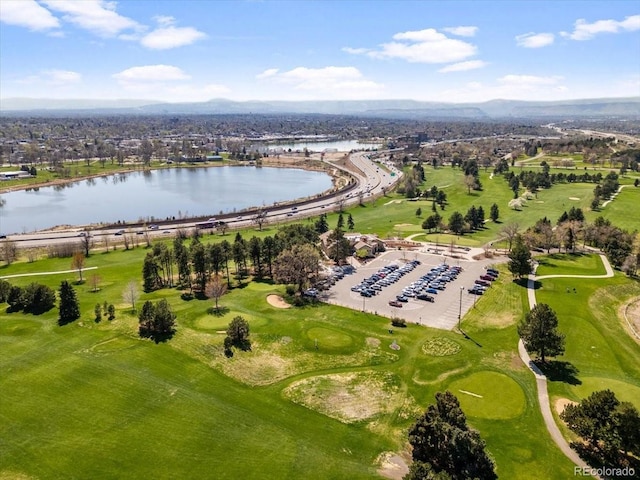 bird's eye view with a water view and view of golf course