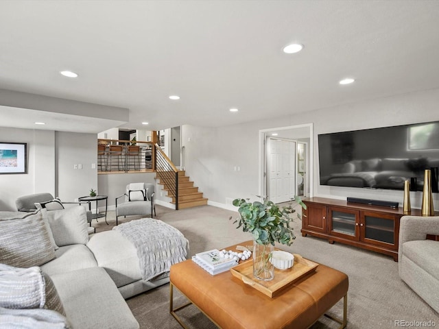 7055 E Heritage Pl S, Centennial, CO 80111 - living area with carpet flooring, stairway, recessed lighting, and baseboards