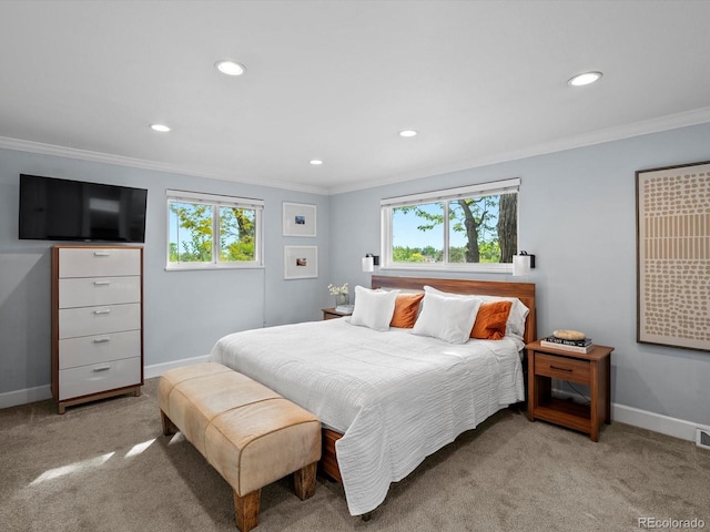 7055 E Heritage Pl S, Centennial, CO 80111 - carpeted bedroom featuring multiple windows, ornamental molding, recessed lighting, and baseboards