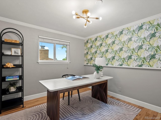 7055 E Heritage Pl S, Centennial, CO 80111 - office area with a chandelier, ornamental molding, wood finished floors, and baseboards