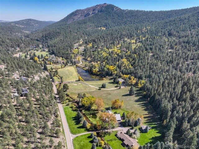 bird's eye view featuring a forest view and a mountain view