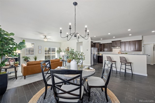 dining area with ceiling fan, baseboards, wood finish floors, and recessed lighting