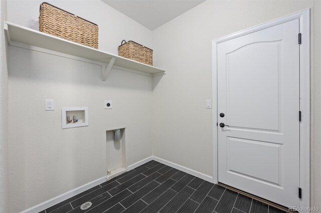 laundry room featuring washer hookup, wood finish floors, hookup for an electric dryer, laundry area, and baseboards