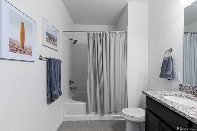 full bathroom with toilet, vanity, tile patterned flooring, and shower / bath combo with shower curtain