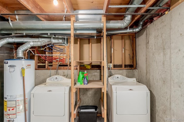 laundry room featuring gas water heater, separate washer and dryer, and laundry area