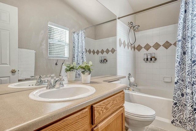 full bathroom with vanity, toilet, and shower / bathtub combination with curtain