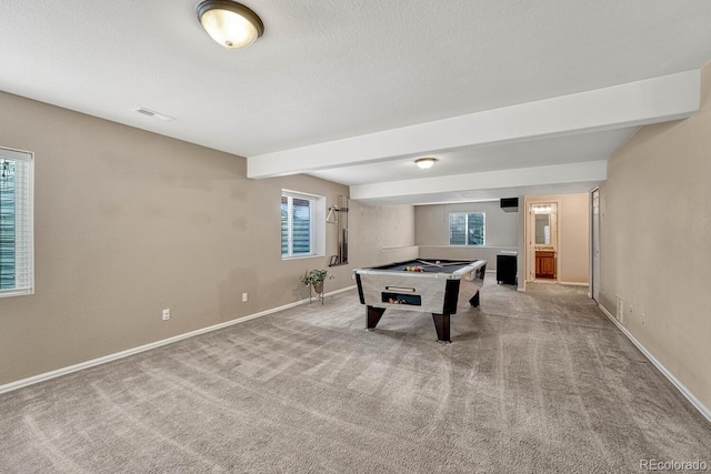 playroom featuring beam ceiling, light carpet, and billiards