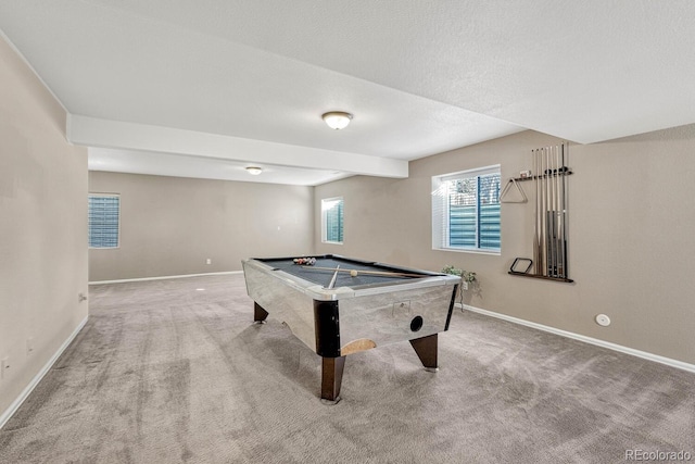 playroom with light carpet and pool table