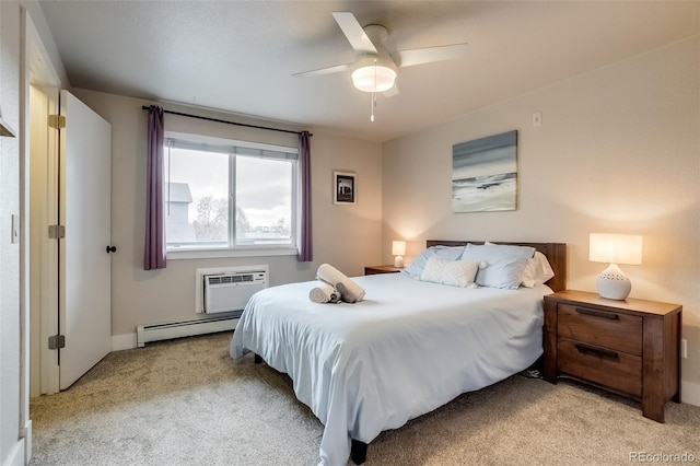 bedroom with a ceiling fan, light colored carpet, a wall unit AC, and baseboard heating