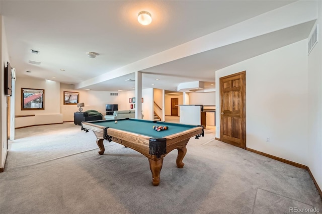 recreation room featuring light colored carpet and billiards