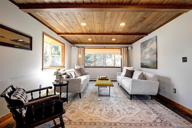28051 Camel Heights Cir, Evergreen, CO 80439 - living room featuring a wooden ceiling with exposed beams, wood finished floors, and recessed lighting
