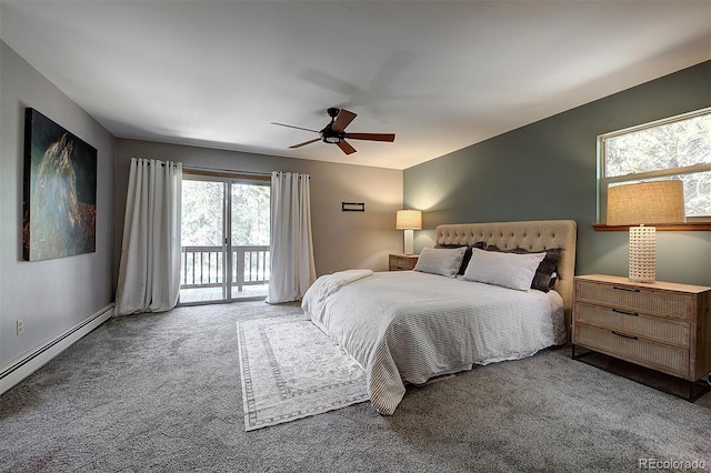 28051 Camel Heights Cir, Evergreen, CO 80439 - carpeted bedroom with access to outside, multiple windows, a baseboard heating unit, and a ceiling fan