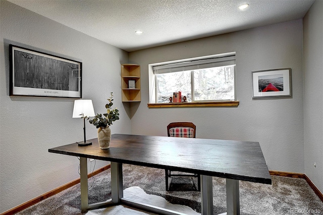 28051 Camel Heights Cir, Evergreen, CO 80439 - office area featuring carpet floors, a textured wall, a textured ceiling, and recessed lighting