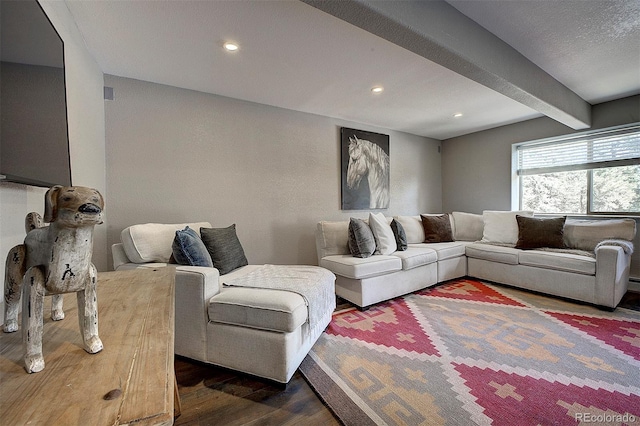 28051 Camel Heights Cir, Evergreen, CO 80439 - living room with dark wood-type flooring, beamed ceiling, and recessed lighting
