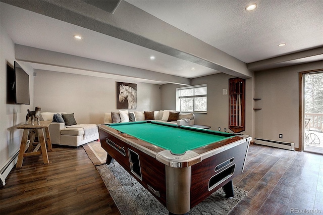 28051 Camel Heights Cir, Evergreen, CO 80439 - recreation room with baseboard heating, dark wood-style flooring, pool table, healthy amount of natural light, and recessed lighting
