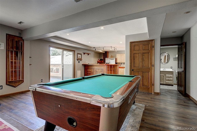 28051 Camel Heights Cir, Evergreen, CO 80439 - playroom featuring dark wood-style flooring, pool table, and a dry bar