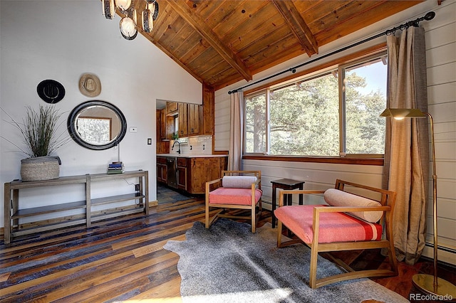 28051 Camel Heights Cir, Evergreen, CO 80439 - sitting room featuring a wooden ceiling with exposed beams, dark wood finished floors, a baseboard heating unit, and high vaulted ceiling