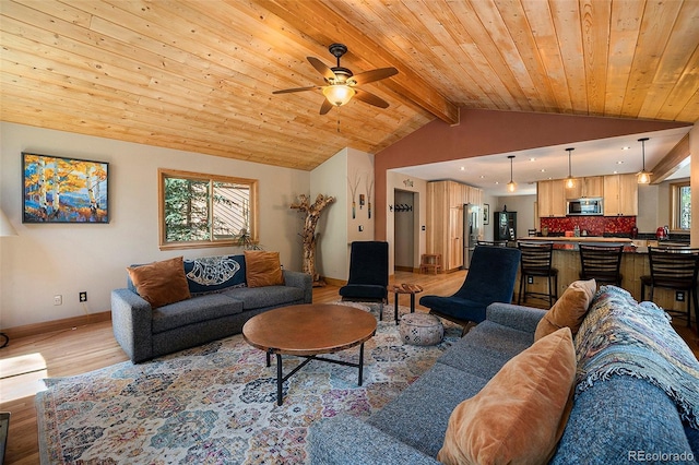 living area with light wood finished floors, baseboards, a ceiling fan, wooden ceiling, and recessed lighting