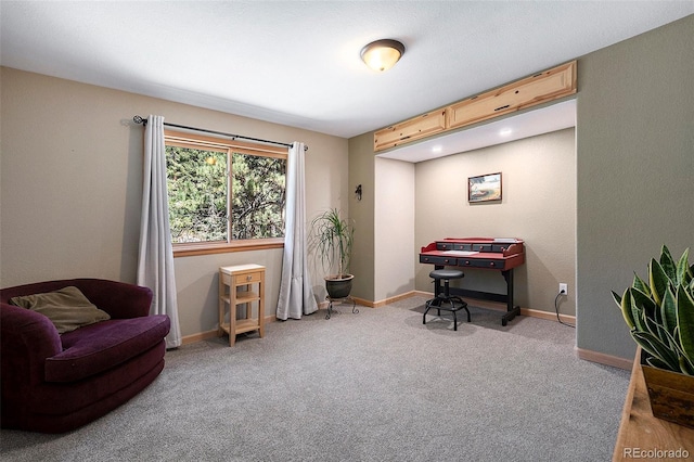 living area featuring carpet and baseboards