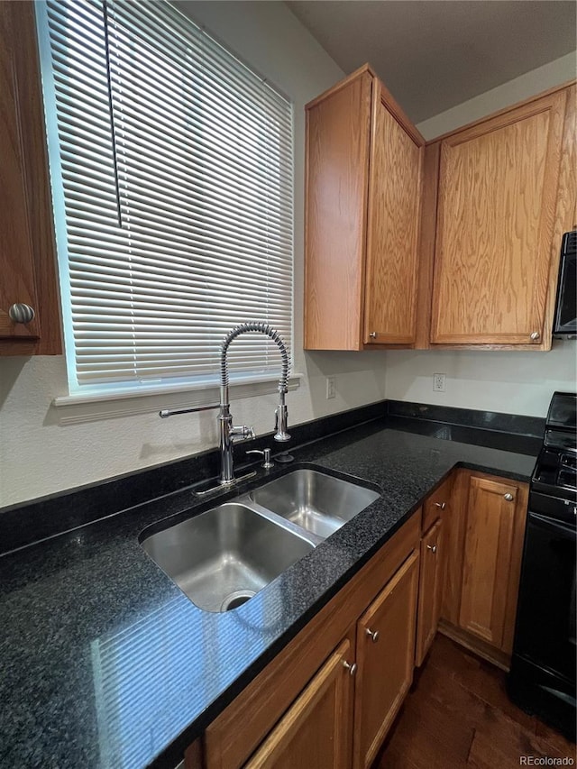 kitchen with black appliances, sink, and dark hardwood / wood-style floors