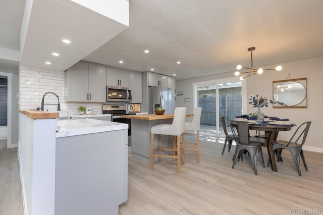 kitchen with wood counters, stainless steel appliances, gray cabinets, and sink