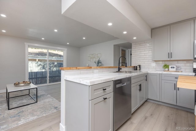 kitchen with sink, gray cabinetry, stainless steel dishwasher, kitchen peninsula, and decorative backsplash