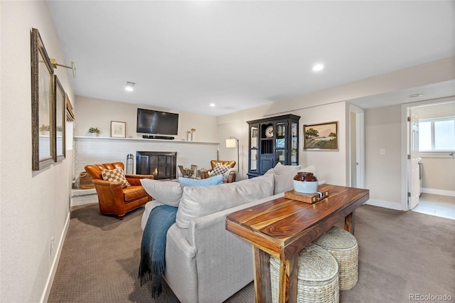 12705 W Chenango Ave, Morrison, CO 80465 - living area with carpet, a brick fireplace, and recessed lighting