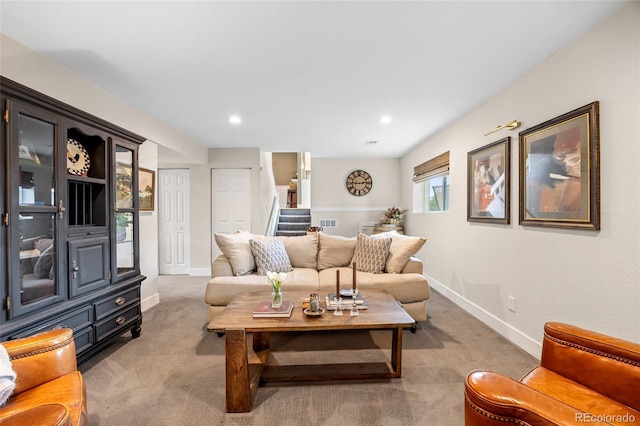 12705 W Chenango Ave, Morrison, CO 80465 - living area featuring stairs, light carpet, and recessed lighting