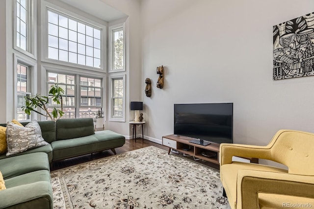 living area featuring plenty of natural light, wood finished floors, baseboards, and a high ceiling