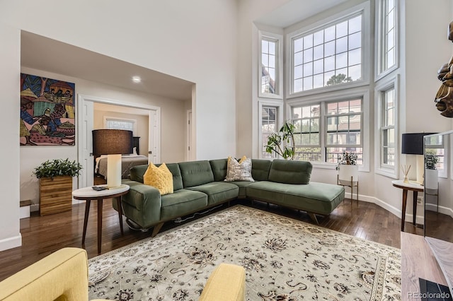 living room featuring baseboards, wood-type flooring, and a high ceiling