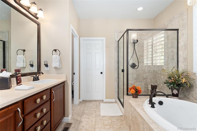 3278 Ghost Dance Dr, Castle Rock, CO 80108 - bathroom featuring vanity, a bath, a shower stall, and tile patterned flooring