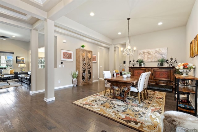 dining space featuring baseboards, dark wood finished floors, a notable chandelier, and recessed lighting