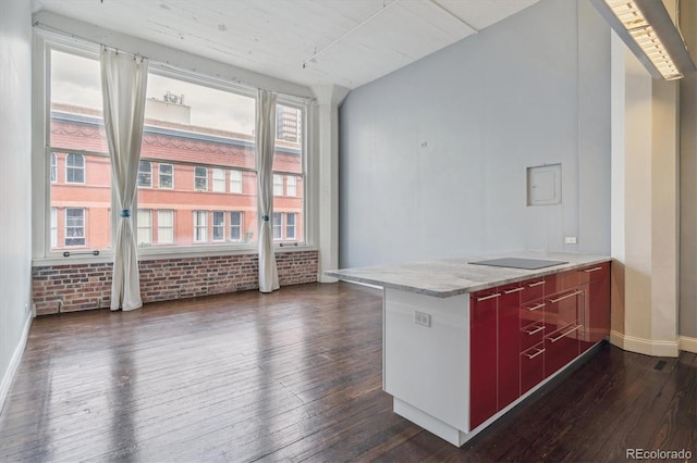 720 16th St Unit 306, Denver, CO 80202 - kitchen featuring dark wood-style flooring, brick wall, baseboards, a peninsula, and black electric stovetop