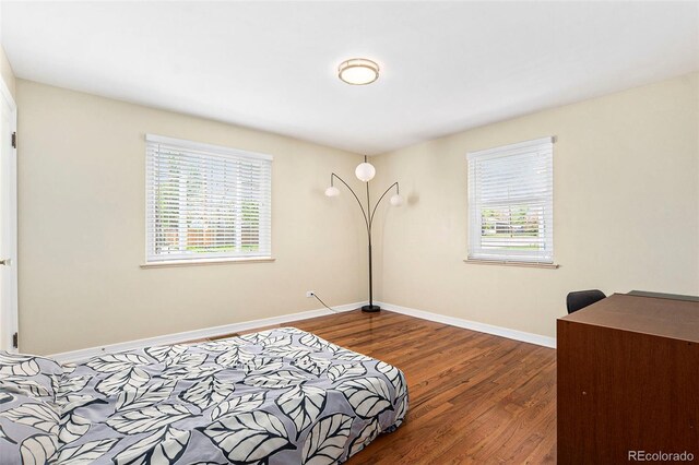 bedroom with wood finished floors, multiple windows, and baseboards