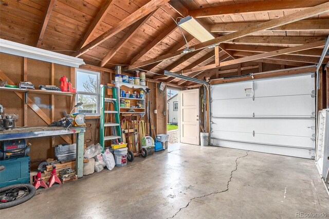garage featuring wooden ceiling