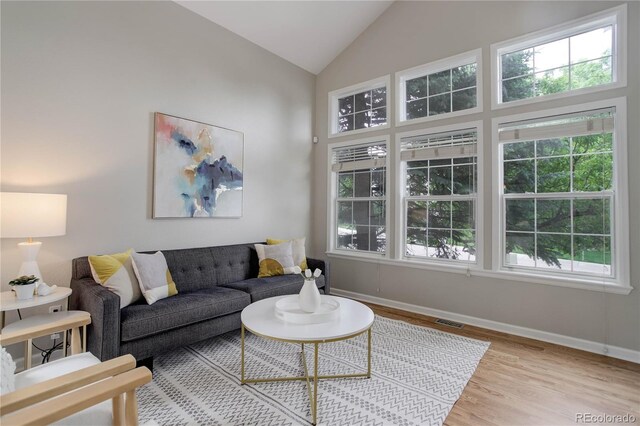 8652 Aberdeen Cir, Highlands Ranch, CO 80130 - living area featuring baseboards, vaulted ceiling, light wood-style floors, and healthy amount of natural light