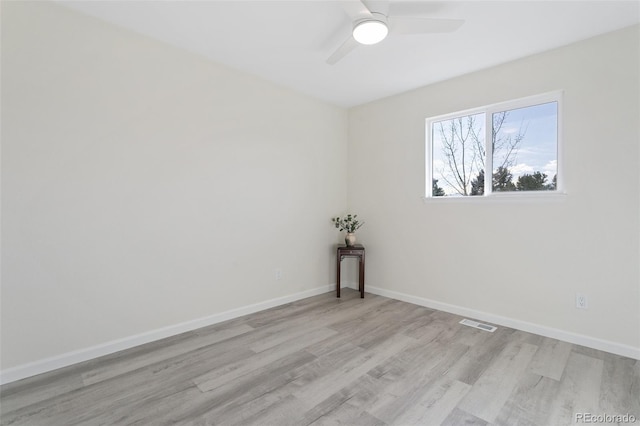 empty room featuring ceiling fan and light hardwood / wood-style flooring