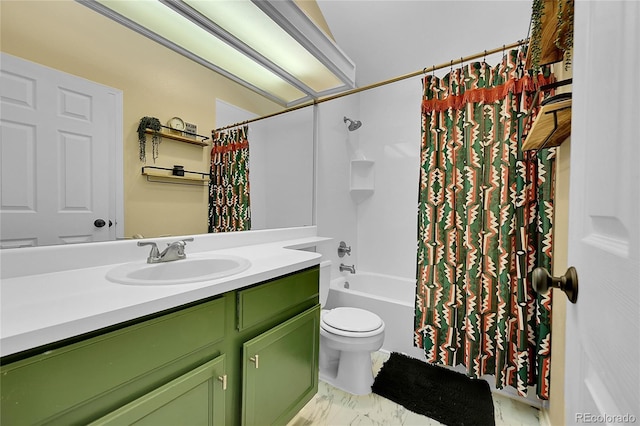full bath with vanity, marble finish floor, toilet, and shower / bath combination with curtain