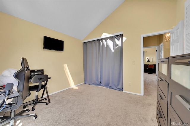 workout area with high vaulted ceiling, baseboards, and carpet