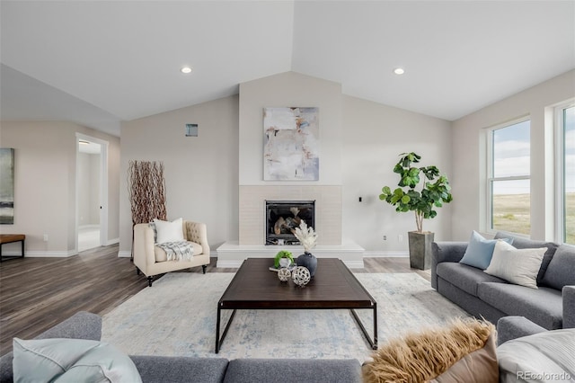 living room with hardwood / wood-style floors and vaulted ceiling