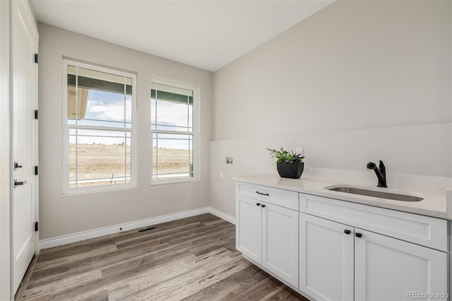 clothes washing area featuring sink and light wood-type flooring