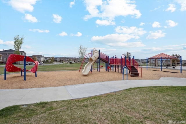 community play area featuring a yard and a gazebo