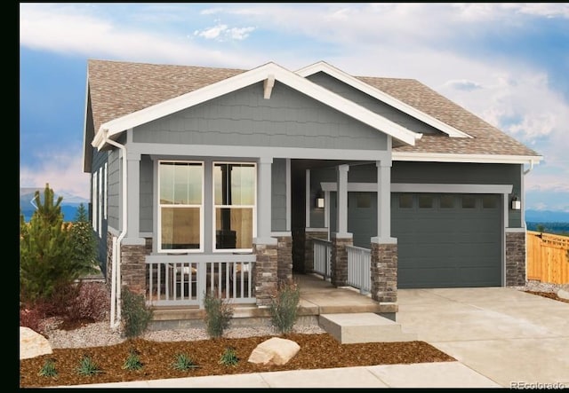 21085 E 61st Dr, Aurora, CO 80019 - craftsman-style house with covered porch, stone siding, an attached garage, and roof with shingles