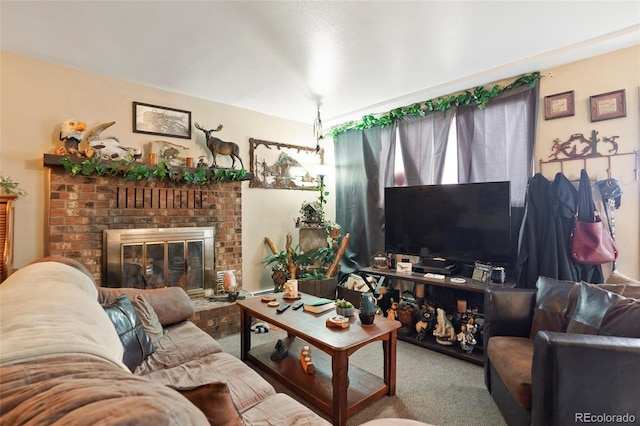 living room featuring carpet floors and a fireplace